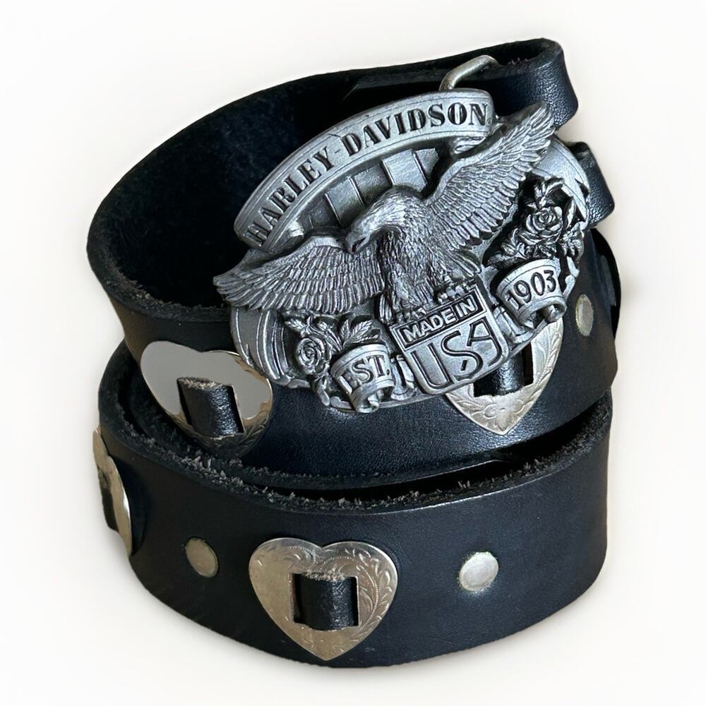 VTG 1989 Harley-Davidson Eagle Roses Belt Buckle Black Leather Sz 26 Heart Studs